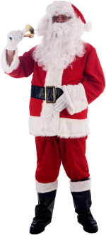This deluxe velour Santa suit is accented with luxurious white long-hair trim. Includes jacket with 