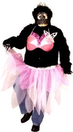 This dancing gorilla consists of fur shirt with attached bra and tutu, latex mask and tutu.