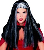 24` long black traditional witch wig with grey streaks.