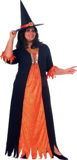A lovely long witch costume consisting of long black dress with orange velvet inlay, chest drawstrin