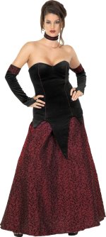 Seductive black velvet corset with full crimson skirt and plush velvet glovelettes.