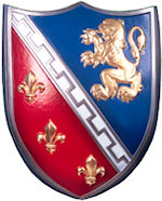 Red, blue and gold knights shield with lion logo.