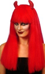 Fancy Dress Costumes - Long RED Devil Wig With Sequin Horns
