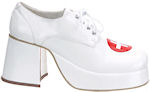 White patent doctor shoes wih red cross detail.