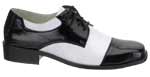 Mens black and white patent shoes.
