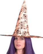 Halloween witch hat with a skeleton and spider web pattern.