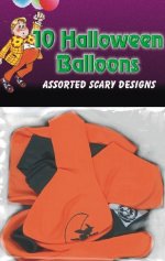 Ten orange and black balloons with Halloween printed motifs.