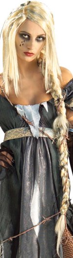 Long blonde wig with grey streaks and plaited ponytail with attached spiders.
