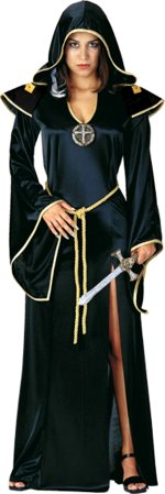 This is a beautifully made costume consisting of hooded robe with vinyl medallion and belt cord.