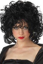 Styled curly black shoulder length wig, perfect for creating an eighties rockstar look.