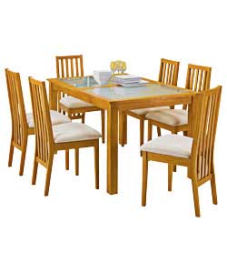 Beech finish dining set containing table with wooden frame and tempered glass inset panels. Supplied