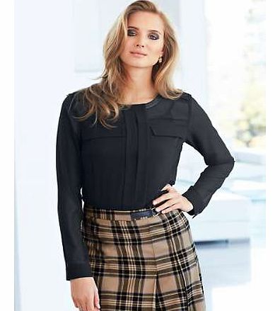 Stylish and chic, this chiffon blouse has all the fashion touches of the season. Over the head styling with faux leather trim on the neckline, and back yoke, chiffon epaulettes with button trim, front pleats and shaped hemline which is lower at the b