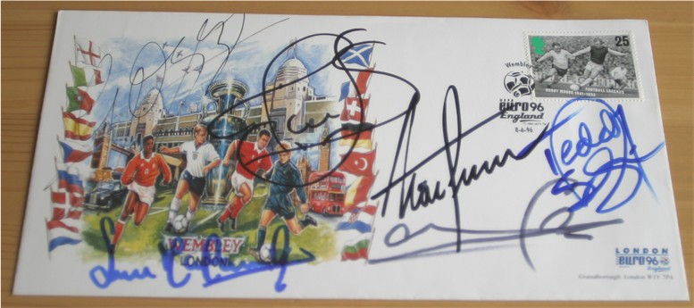 This is a First Day Cover which has been signed by five England players from the Euro 