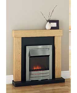 Contemporary electric suite with blonde oak surround and black back panel and hearth.Includes a brus