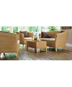 4 piece suite comprising sofa, 2 chairs and coffee table.Stained rattan frames with natural