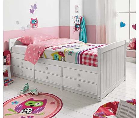 Excellent for maximising space. this Finn 6 Drawer White Cabin Bed with Bibby Mattress is perfect if you are looking for more places to store toys in your childs bedroom. This attractive white cabin bed comes with an open coil. medium feel Bibby matt