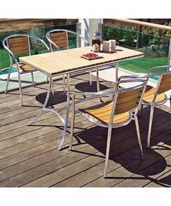 Eucalyptus wood patio set. Table size (H)78, (L)120cm. Chair size (H)78, (W)56, (L)54cm.