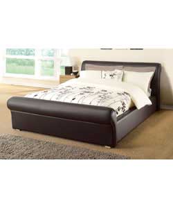 Luxuriously upholstered brown faux leather bed in a contemporary sleigh bed design. Size (W)174, (L)