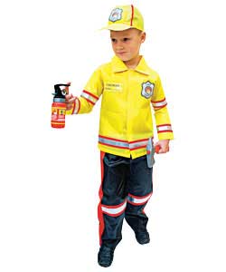 Two piece costume with hat, fire extinguisher and axe. 100 polyester. Hand wash only. For ages 5 to 