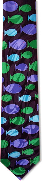 A dark navy tie with purple and green fish symbols all over