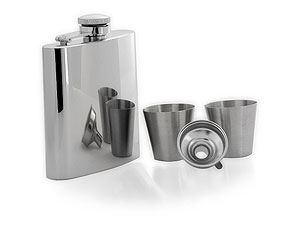 `Pewter, captive top hip flask, with funnel and two serving cups. Lovely gift set in a wood presenta