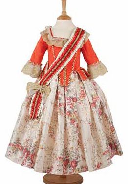 An elaborate historical dress with a rose printed skirt. bold peplum detail and lace trimming. Finished with a red and ivory sash. This style has a back zip fastening. Suitable for height 98 to 110cm. For ages 3 years and over. Polyester. EAN: 501456
