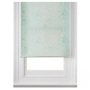 This duck egg blue roller blind features a floral design and is made from cotton and polyester.  Thi