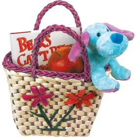 Charming children`s baskets woven out of corn husks  with a gingham lining and decorated with
