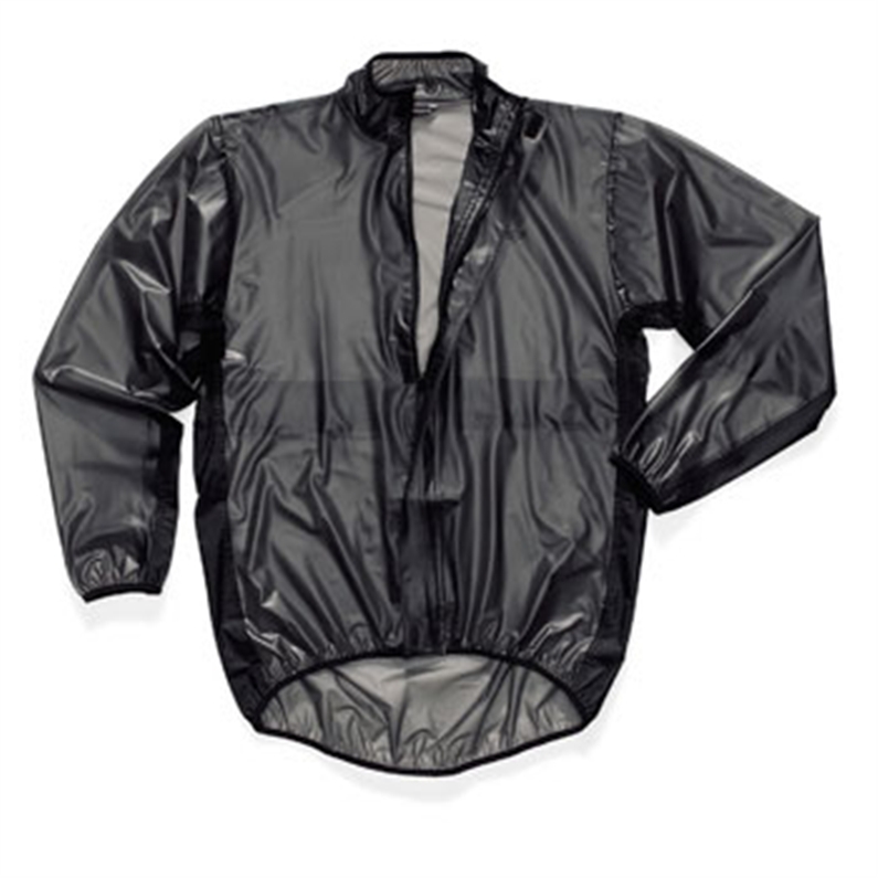 polyurethane rain jacket with polyester mesh underarm panels. Cape back with vent. Lycra binding at