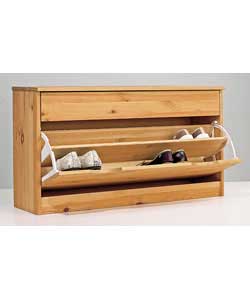 Hides away up to 8 pairs of shoes (size 8 mens). Top drawer for storage.Solid pine ready to stain, p