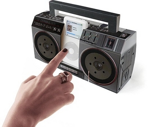 Flat pack cardboard - fold it yourself mini Boom Box stereo for your iPod or other MP3 player. Compl