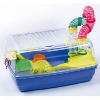 Brightly coloured Hamster / Gerbil cage with clear plastic top. Includes wheel, platform, house 