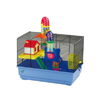 Brightly coloured Hamster / Gerbil cage with wire top. Includes wheel house ladder platform 