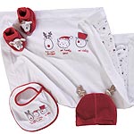 Set contains: Pair of bootees, bib, hat and velour blanket. Washable. 80% cotton, 20% polyester