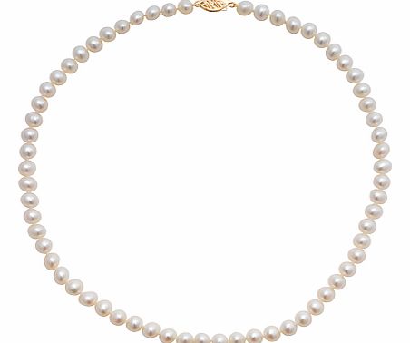 A classical white freshwater cultured pearl necklace with a 9 carat gold safety oval clasp. It will add a touch of elegance to any outfit you wear. Dimensions: Length: 18 Individual pearl: 0.6 x 0.7cm A pearl that forms with the aid of human interven