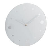 This wall clock has a frosted glass exterior. The numbers are replaced with circled mirrors for a mo