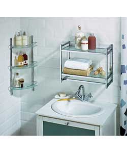 Chrome plated mild steel construction with toughened frosted glass shelves. Complete with fixtures