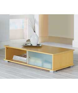 Size (L)100, (W)50, (H)25.5cm.Beech finish and frosted glass.1 storage drawer and shelf under top.We