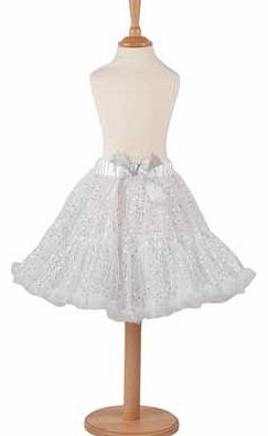 An stunning white layered tutu skirt. scattered with sparkling silver sequins. which is light. frothy and fun. This is and essential wardrobe piece for any budding dancer or the fashionable young girl. With a pretty satin waistband and bow detail. ha