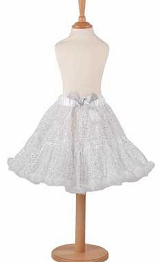 An stunning white layered tutu skirt. scattered with sparkling silver sequins. which is light. frothy and fun. This is and essential wardrobe piece for any budding dancer or the fashionable young girl. With a pretty satin waistband and bow detail. ha