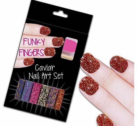 Funky Fingers Caviar Nail Art Set Funky Fingers Caviar Nail Art Set includes 6 small bottles of beads, nail file and cuticle remover. Each vial measures around 1cm x 3.5 cm x 2 cm. Just paint your nail with varnish, scatter some caviar beads over the