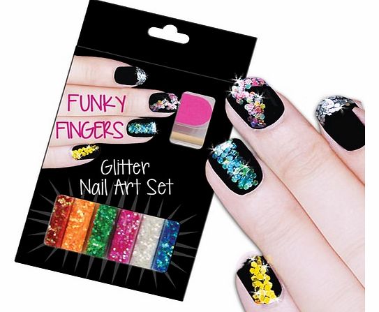 Funky Fingers Glitter Nail Art Funky Fingers Caviar Nail Art Set includes 6 small bottles of glitter, nail file and cuticle remover. Each vial measures around 1cm x 3.5 cm x 2 cm. Just paint your nail with varnish, scatter some glitter over the top, 