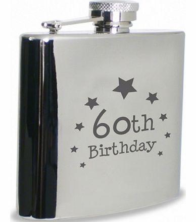 60th Birthday Funky Hip Flask This 60th Birthday Hip Flask is engraved with a star design and 60th Birthday on the front! It measures around 11.2 cm x 9.2 cm x 2.5 cm. The flask takes up to 3 working days to be created before being shipped out to you