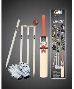 Team GM cricket set with bat, gloves, ball, stumps and bails in a carry bag.Size 6 for youths.