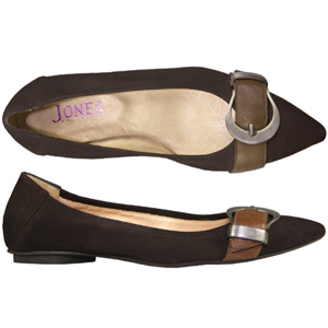 A fashionable suede pump from Jones Bootmaker. With a large decorative buckle to the toe, small heel