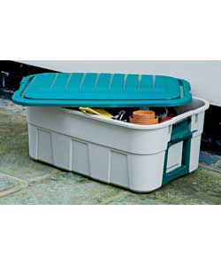 Storage crate with clip on lid.Ideal for use in garden, garage and around the home.Beige with green 