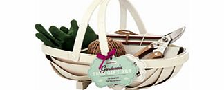 A perfect gift for any keen gardener. Comprises white painted wooden trug twine plant labels gardening gloves and a pair of secateurs!