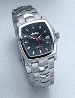 Black sunray dial watch with date feature and a stainless steel case and strap. Water resistant to