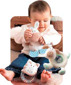 A great value set of toys for babys development including spinning ball rattle, teether and ring