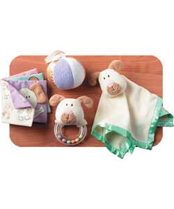 This great value set includes a comforting blankie, chime ball, grabber ring rattle and babys first